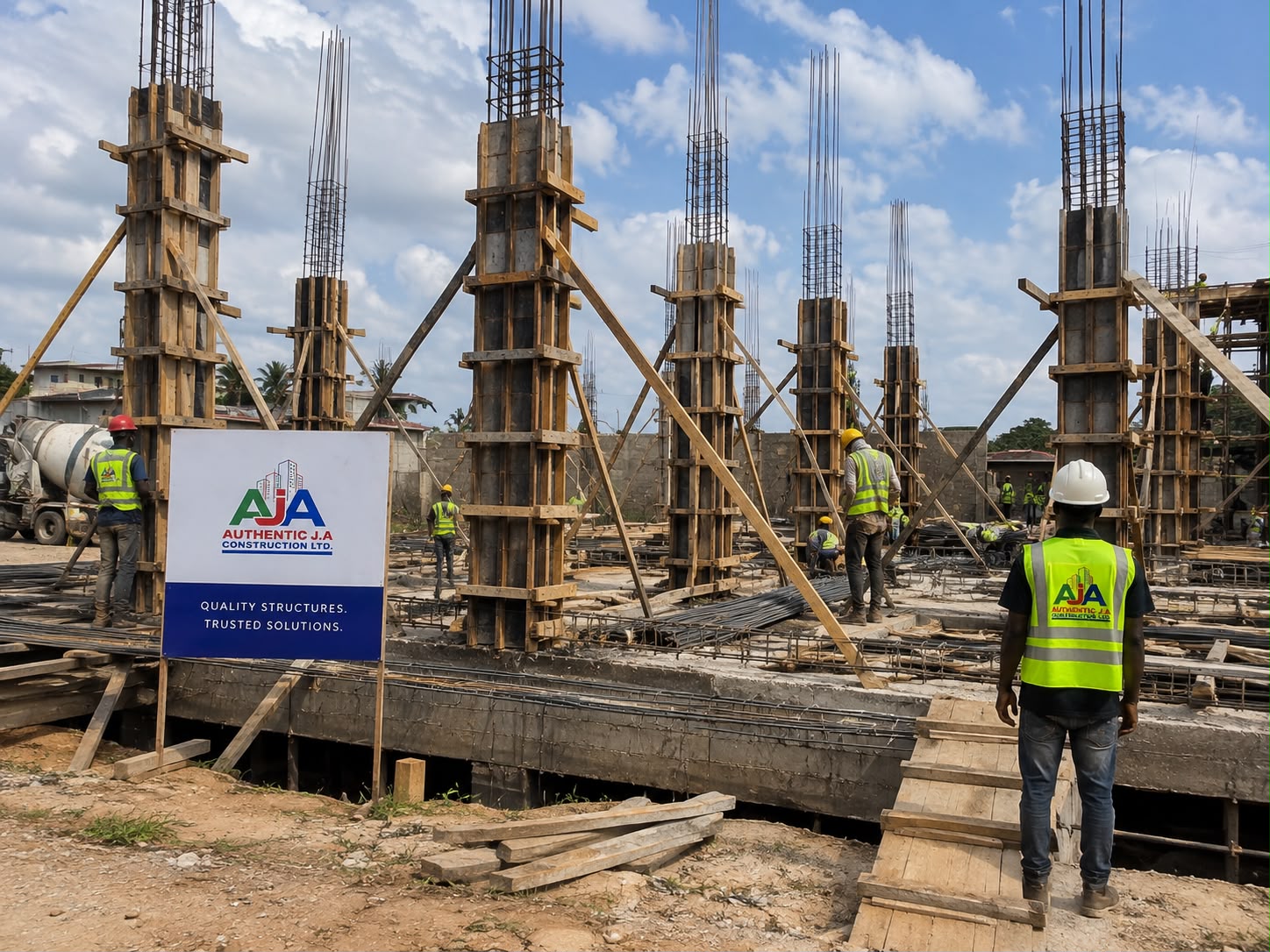 Concrete pillar formwork being built on site by AUTHENTIC J.A. operatives